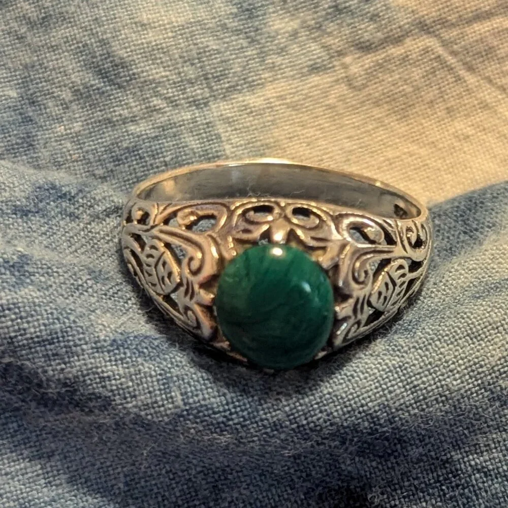 Malachite Sterling Silver Ring Filigree 925‎ Openwork Victorian Edwardian Estate
